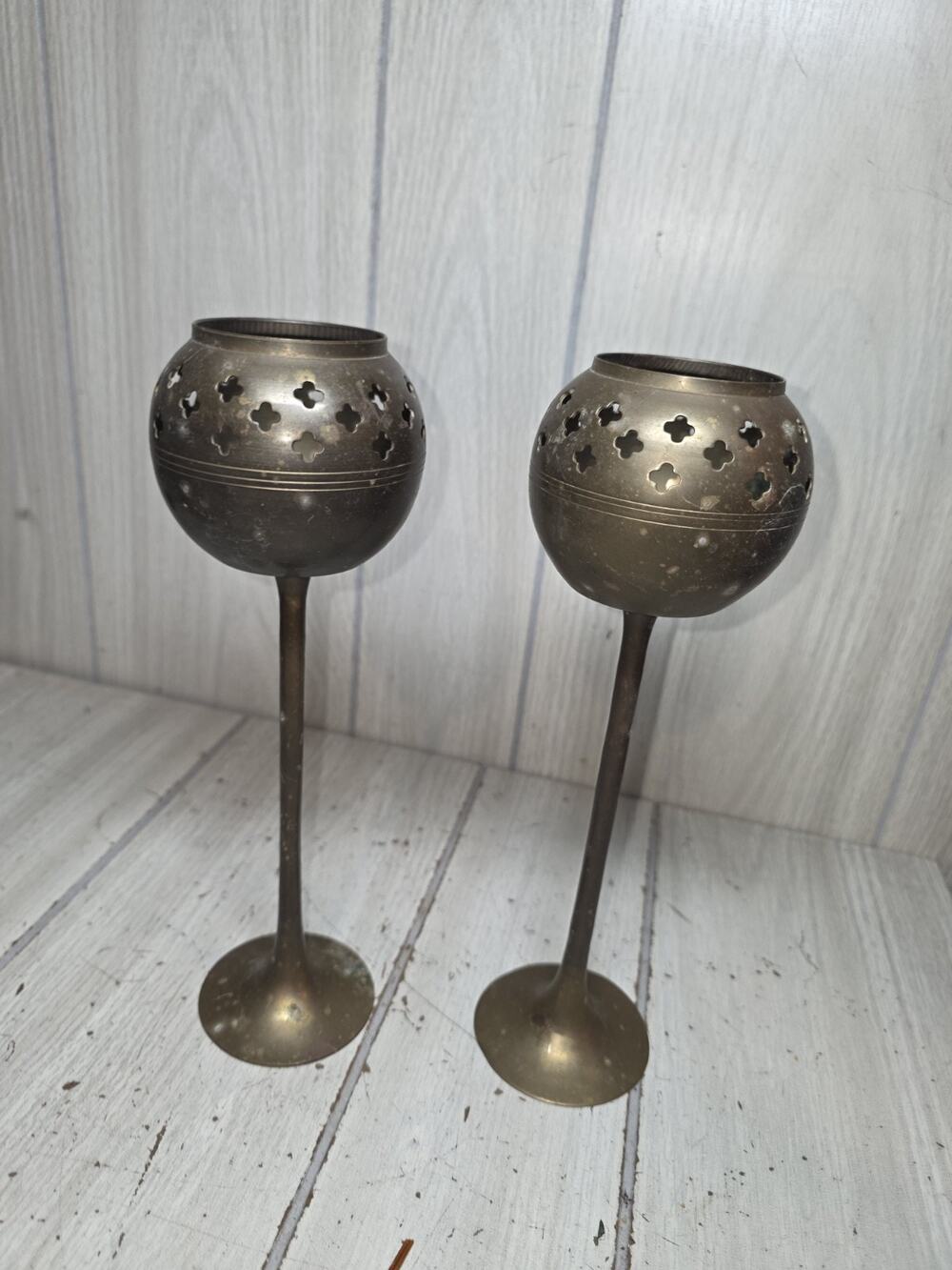 Vintage Brass Tea Light Candle Holders 10" Cut Outs Made In India Gothic Regency